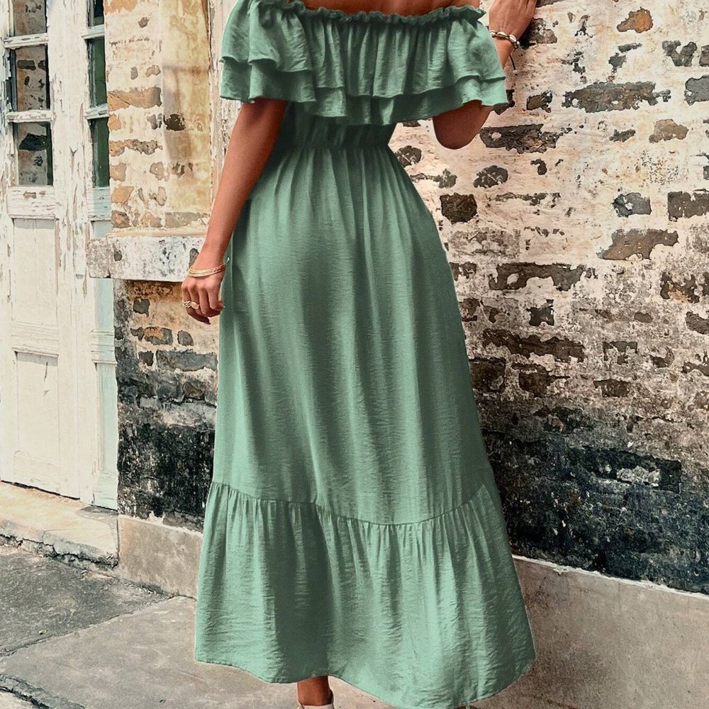 Green Boho Womens Off Shoulder Ruffle Trim Tie Front Ruffle Hem Dress - Picture 2 of 5